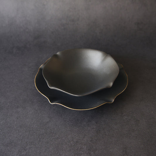 Mino ware Dish Set - Hana-Syomi Black - 2 Pieces